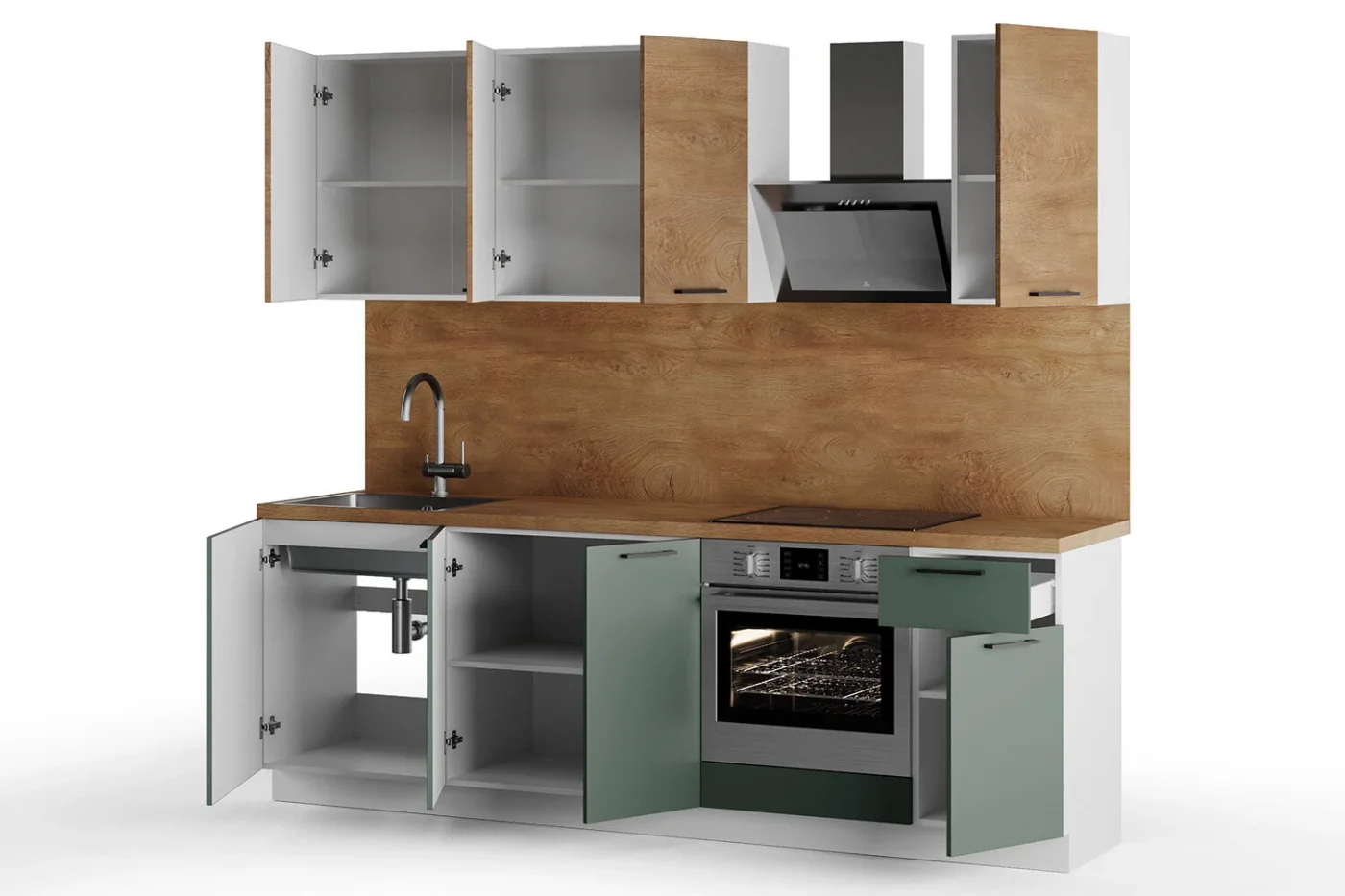 Кухонный гарнитур Hoff Сити 2,4 м, 240х210х52,6 см, белый/дуб ирландский натуральный/авокадо